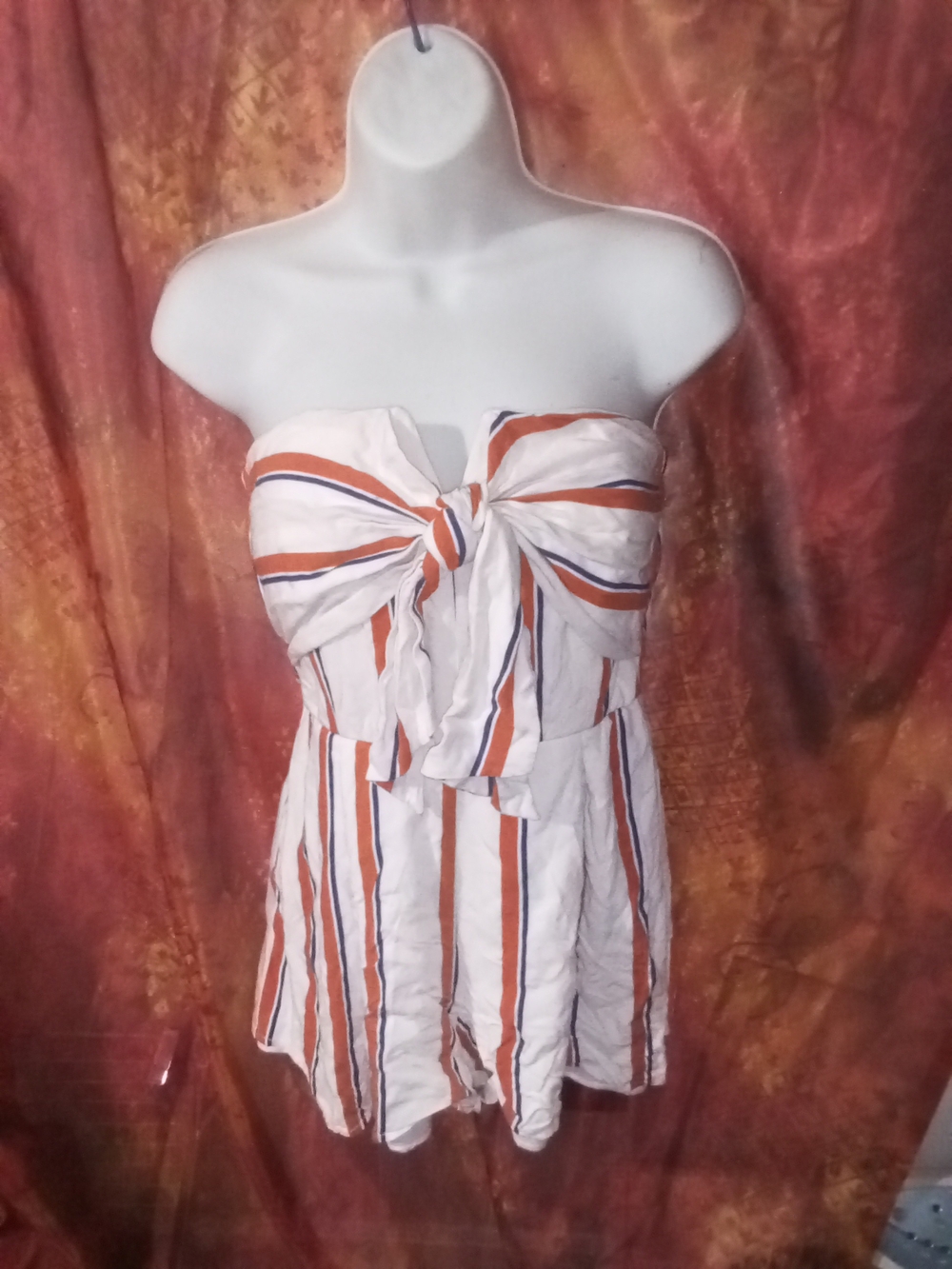 Bailey Blue - White Strapless Romper with Orange and Navy Stripes